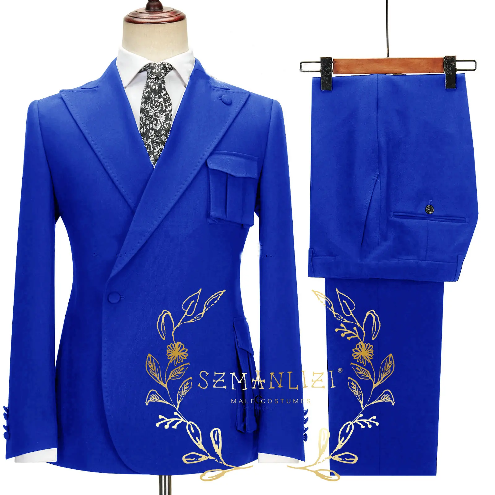 

2024 Latest Coat Pant Designs Royal Blue Men Suits Double Breasted Jacket Pants 2 Pcs Set Groomsman Wedding Dress Party Suits