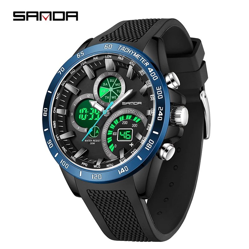 Sanda 3175 Hot Selling Men\'s Electronic Quartz Watch Full Steel & Silicon Core Black Technology Multi Functional Waterproof