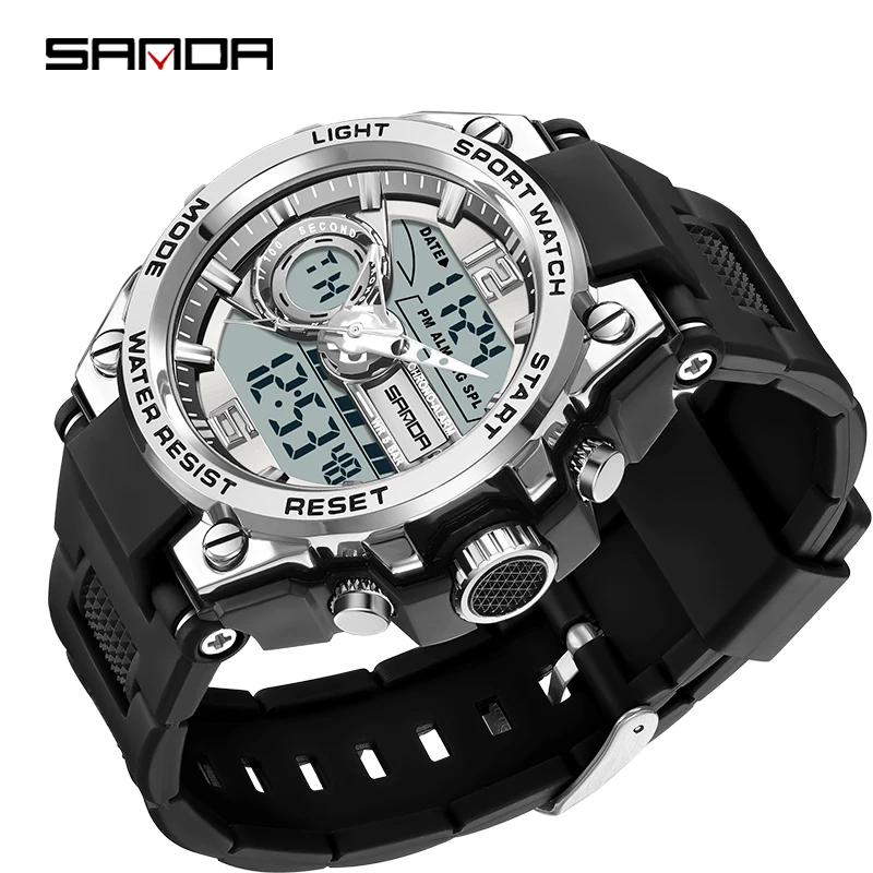 

SANDA Brand Digital Watch Led Light 2Time Sport Stopwatch Wristwatch for Man Luxury Countdonw Shockproof Mens Watch with Date