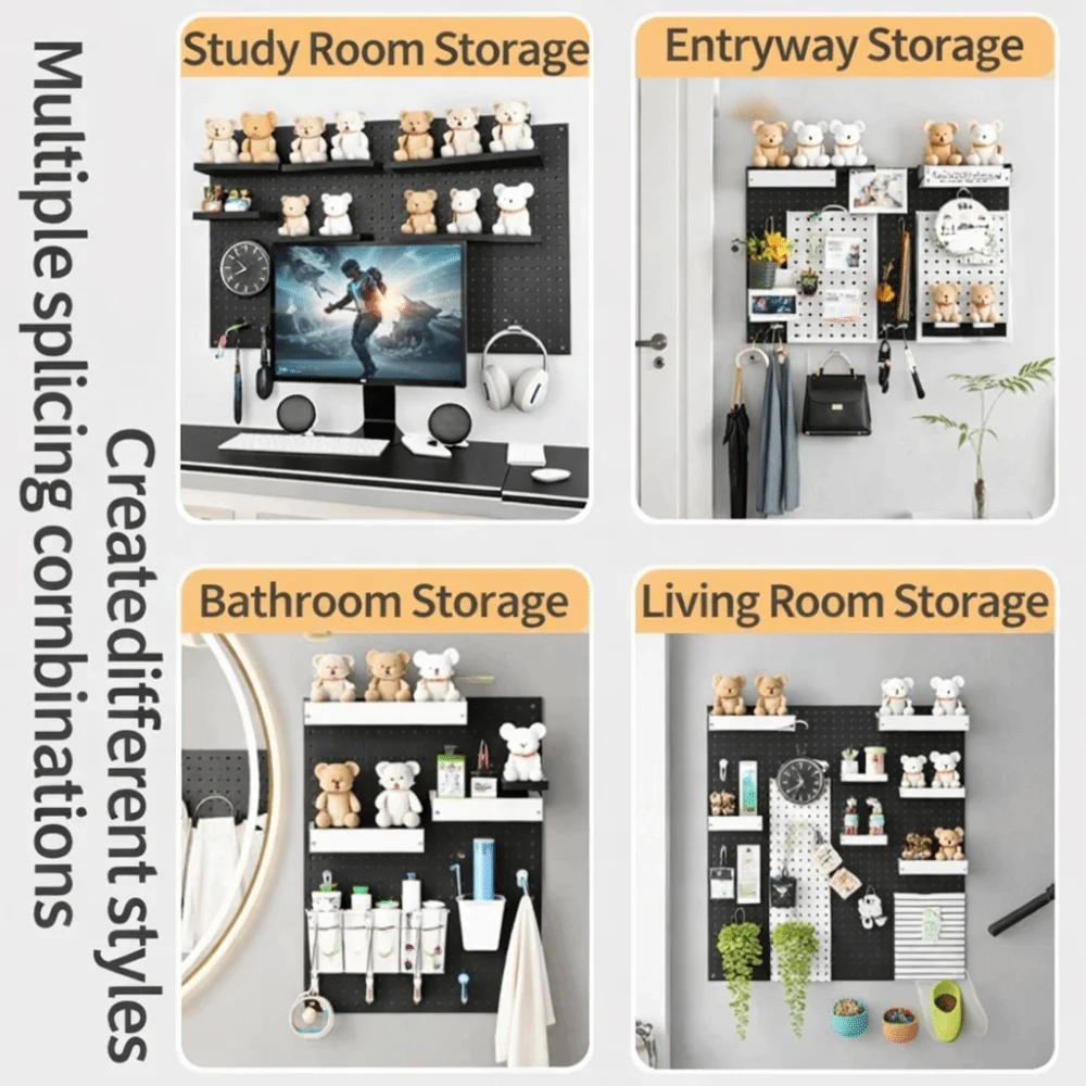 New Wall-Mounted Storage Board with Hooks Space-Saving Pegboard DIY Storage Display Rack for Kitchen Bedroom Bathroom Study Room