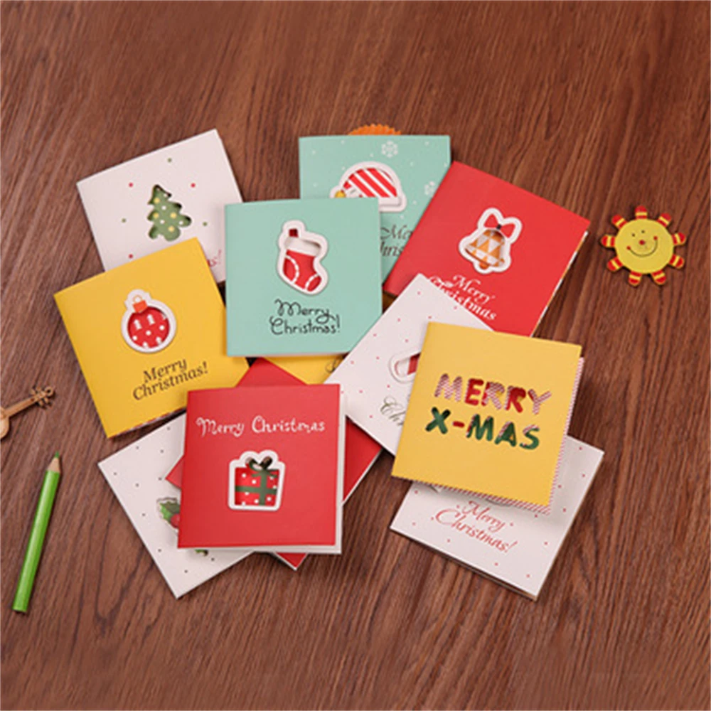 12pcs/Set Merry Christmas Greeting Cards with Envelope Xmas Sock Tree Deer Tags Paper Card New Year Gift 2022 to 2023 Decoration