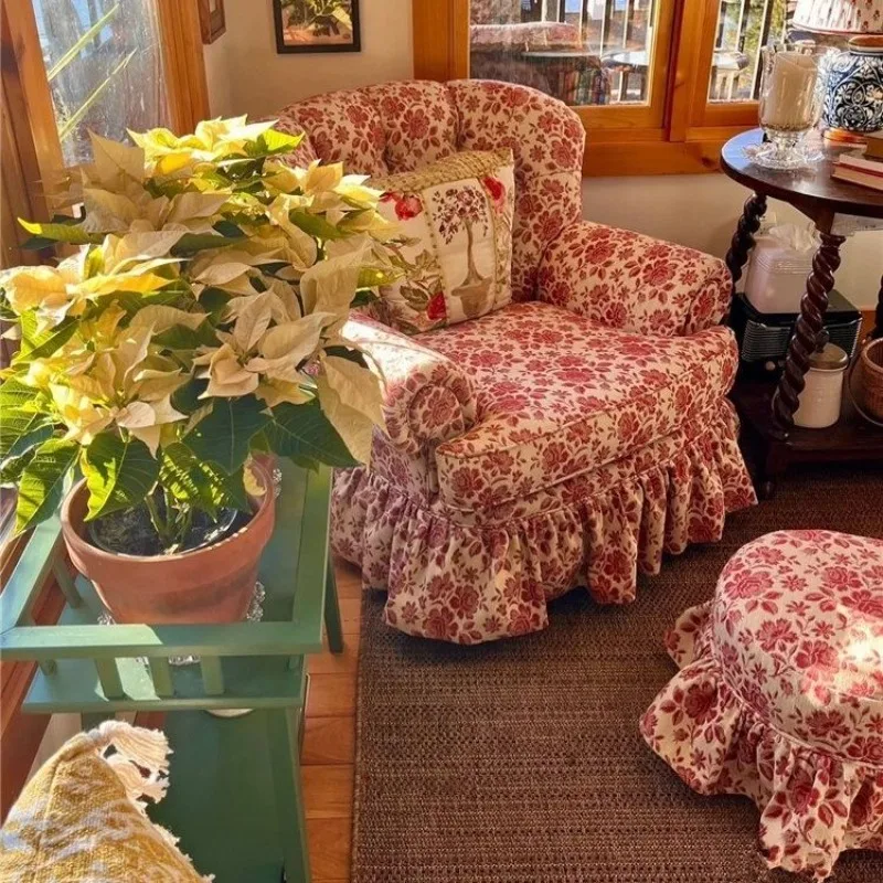 French retro red floral single sofa, American pastoral living room high back chair skirt lace fabric sofa