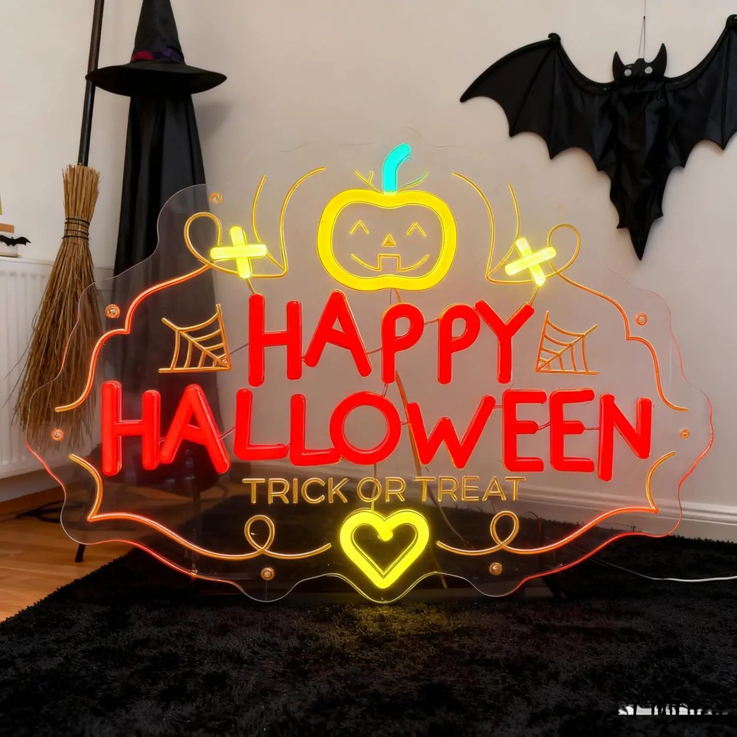 Halloween-neonbord, pompoenvorm met 'HAPPY HALLOWEEN'-belettering, LED-neonlicht feestdecoratie voor thuisbar spookhuis