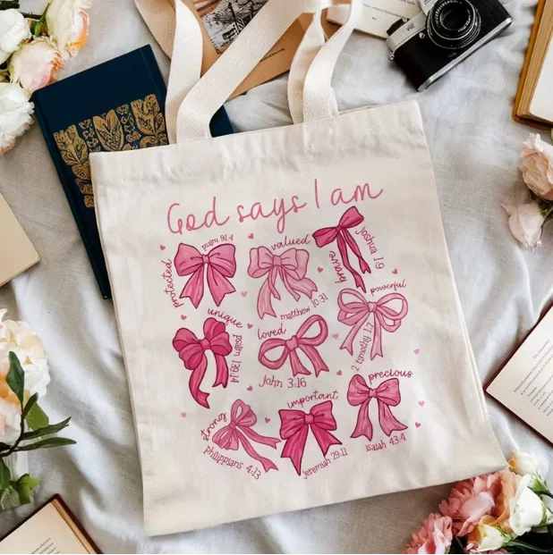 

Canvas Handbag Women's Pink Bow Printed Shoulder Bag Cartoon Cat Shopping Handbag Daily Commuting To School Shoulder Bag