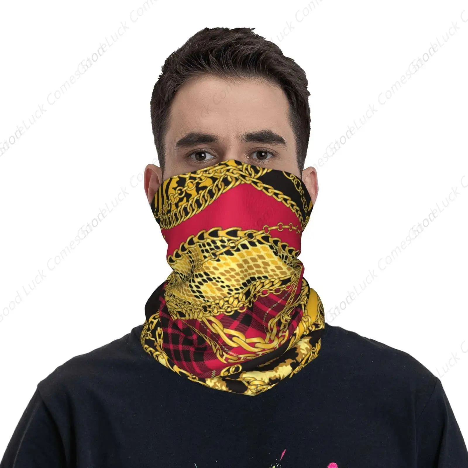 Neck Gaiter Scarf Bandanas Face Mask Sun Protection Headbands Balaclavas, Gold Chains Leopard Snake Skin Scottish Tartan view 4