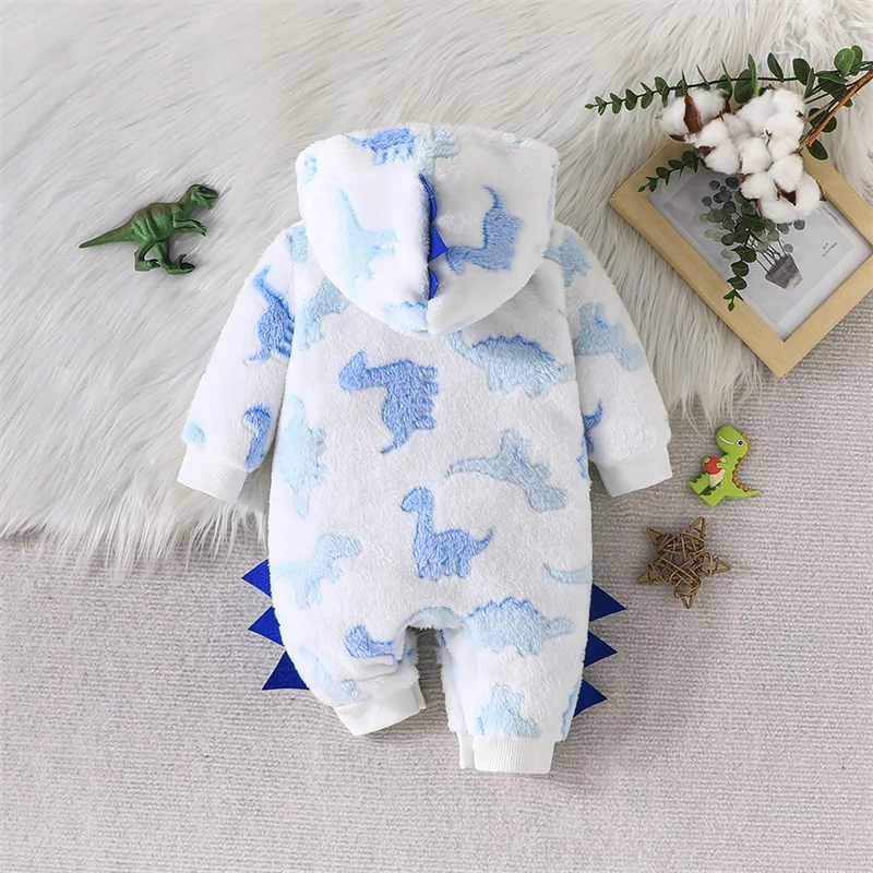 0-18M Baby Jongen Pluche Capuchon Romper Casual Dinosaurus Patroon Voor Knoop Lange Mouw Jumpsuit Voor Baby Peuter Herfst Outfit