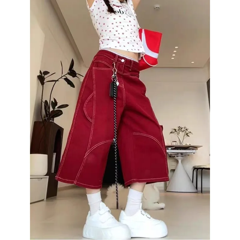Casual Womens Pants Outing Denim Shorts American Vintage Red Stitched Wide Leg Summer High Waist Relaxed Cargo Cropped