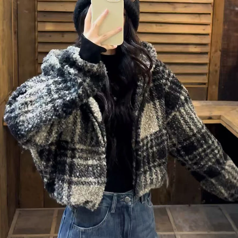 Veste à carreaux en fausse peau de mouton pour femmes, manteau court américain Vintage Street Harajuku Y2K, chaud d'automne à manches longues, vêtements d'extérieur Preppy décontractés