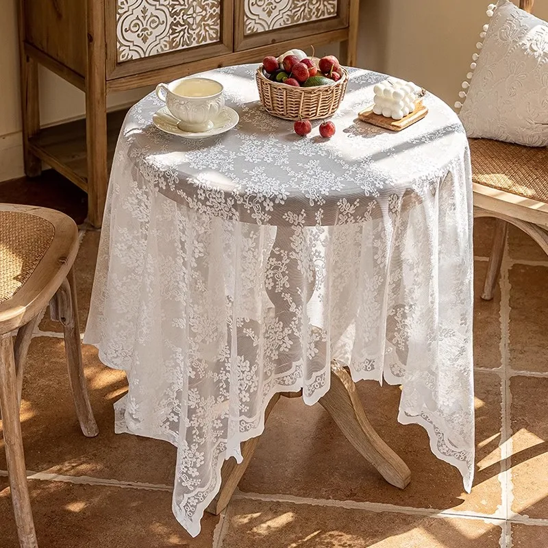 

1PC Pastoral new lace tablecloth ins style white retro round table tablecloth coffee table household French cover cloth
