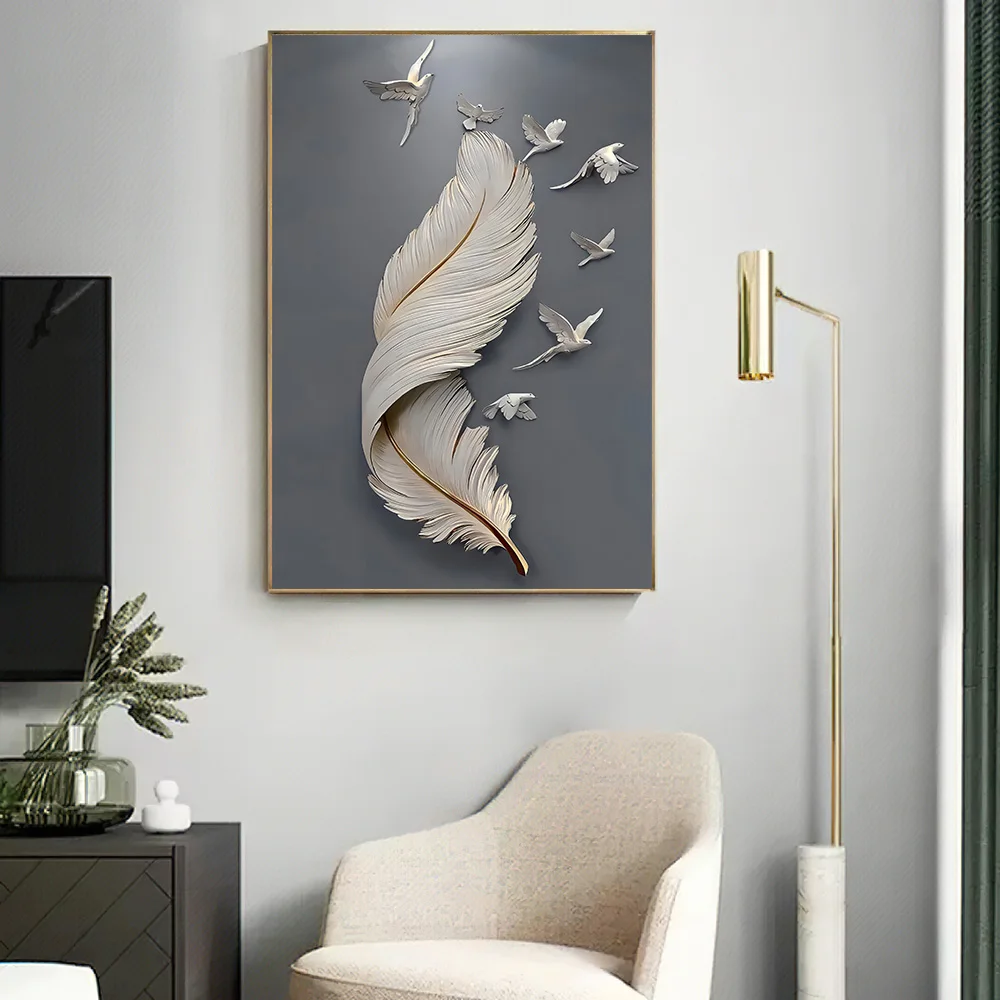 3D Effect Feather Pigeon Canvas Painting Modern Wall Art Poster Print Abstract Minimal Picture for Living Room Home Decor Cuadro