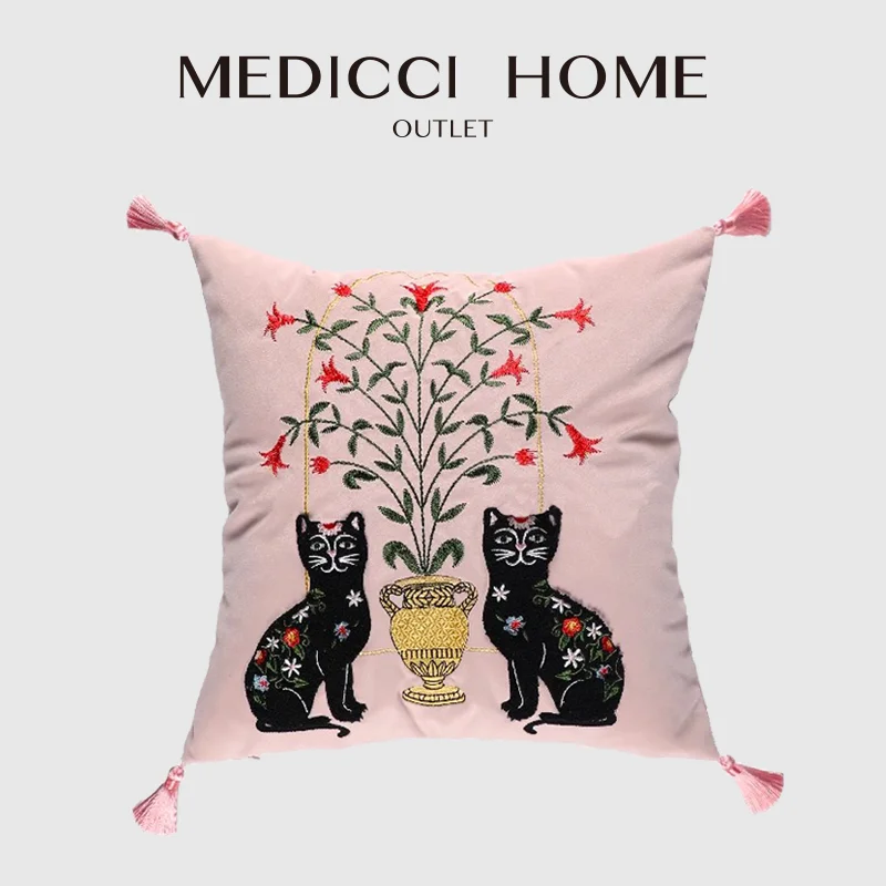 

Medicci Home, оригинальный дизайн, чехол для подушки в стиле GG, ретро, черные кошки, вышитая наволочка с кисточкой, роскошные Coussins