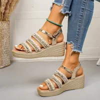 Luxury Golden Wedges Heel Sandals Women Gold Rivets Chunky Platform Sandles Woman Fashion Thick Bottom Gladiator Sandals - Image 2