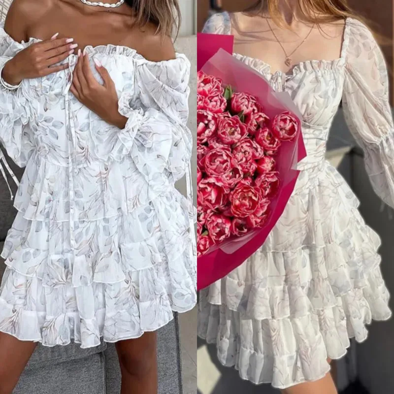 

Elegant Printed Slim Fit Chiffon Dress Tie Front Square Neck Long Sleeve Tiered Dress Fashion Women's High Waisted Pleated Dress