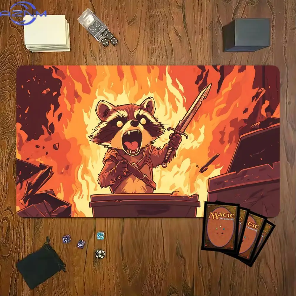 Angry Raccoon Warrior Fire Gaming Mouse Pad Playmat TCG Office Desk Mat for Work Game PC Laptop Rug Carpet MousePad