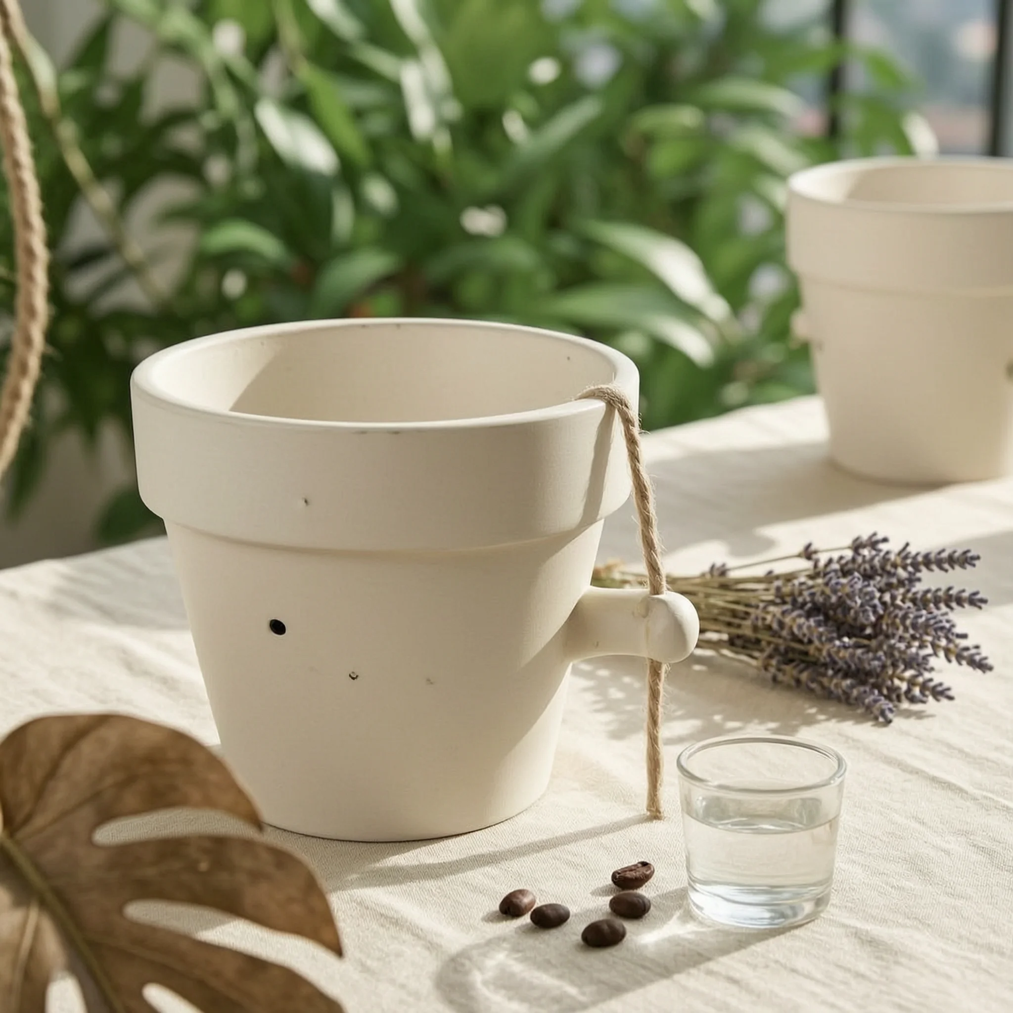 Swing Face Plant Pot Smiling Character Planter Natural Aspect Suspended from Jute Ropes for Indoor Shelf