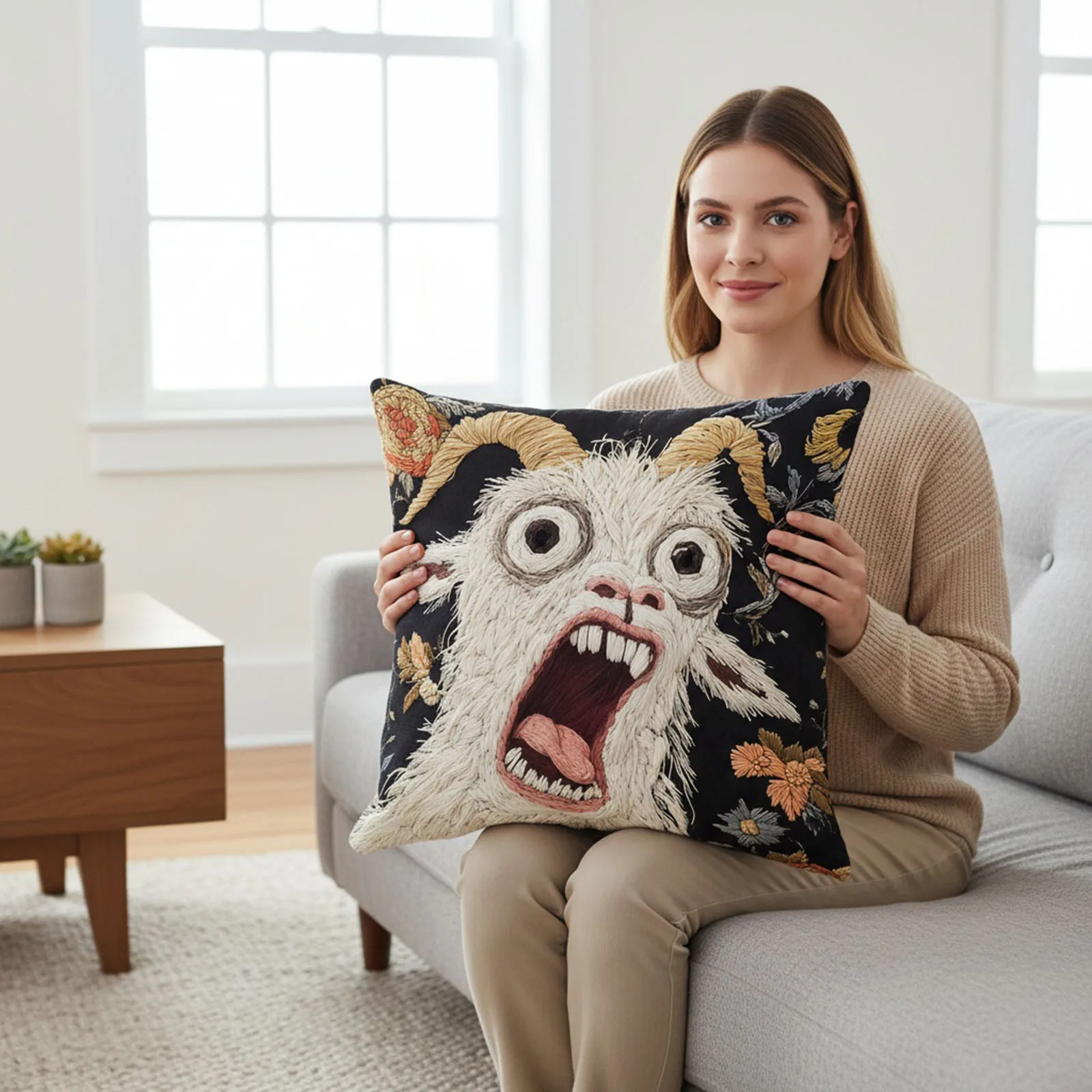 Screaming Goat Pillow Cover 5x45cm Funny Animal Plush Throw Pillow Case Cushion Cover for Couch Sofa Bedroom Decor