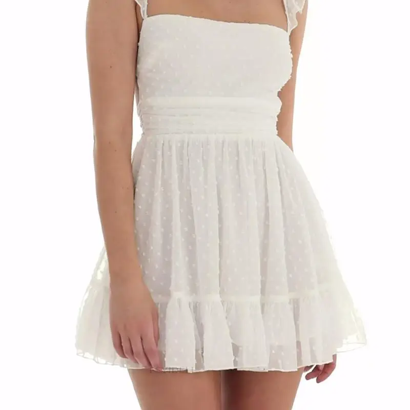 กระโปรงผ้าลินินทรงเอเข้ารูปประดับลูกไม้สำหรับฤดูร้อน แฟชั่นผู้หญิง สปริง/ซัมเมอร์ คอเหลี่ยม แบรนด์ Ciwalk