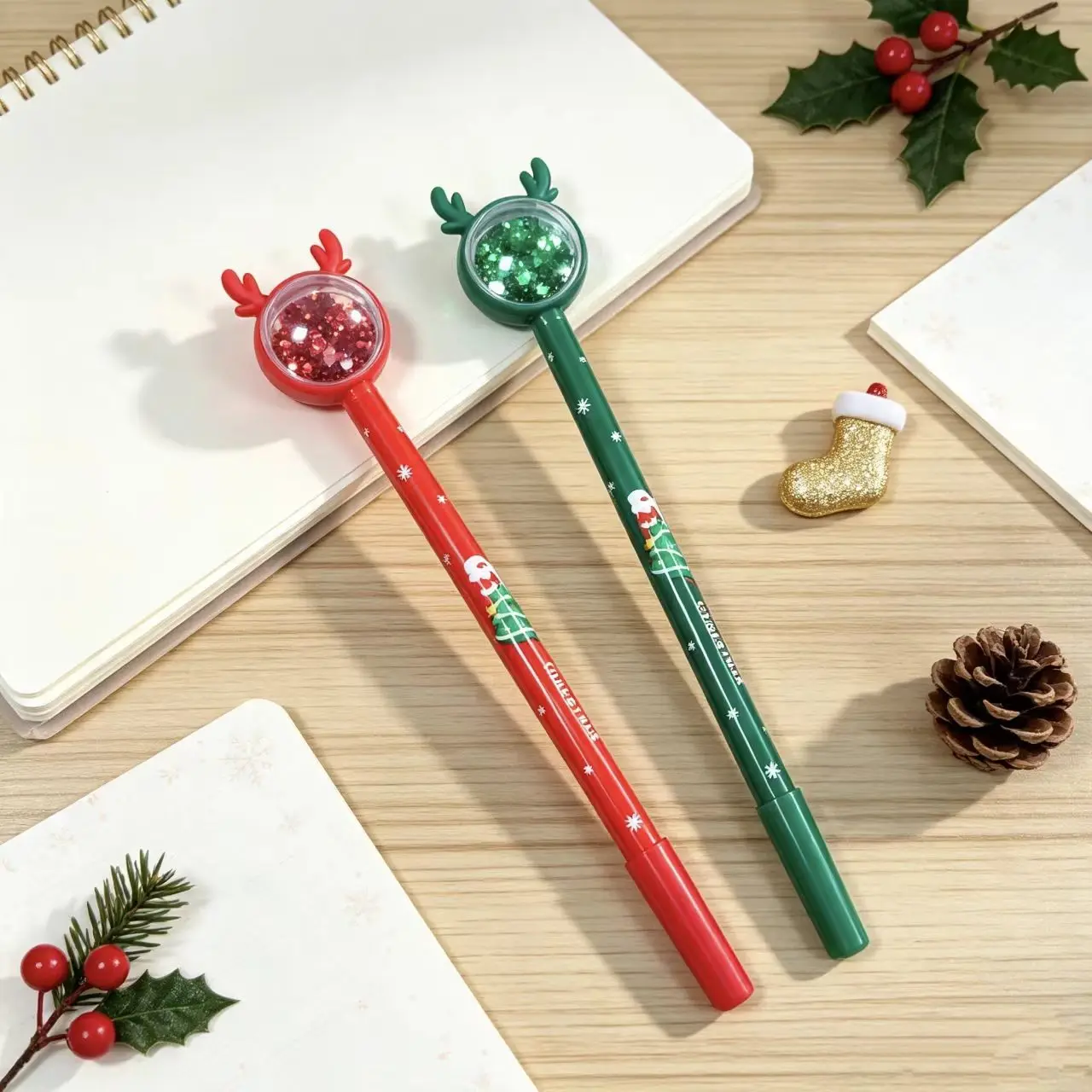 4/8PCS Cute Christmas Sequins Gel Pen Reindeer Horn Design Xmas Theme Press Pen Student Writing Party Favor Supplies