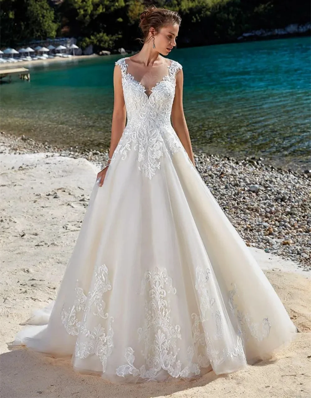 Robe de mariée en dentelle de plage pour femmes, appliques à col rond, fibra A-Line, tulle, longueur au sol, robe éducative de novia, nouveau, 2024