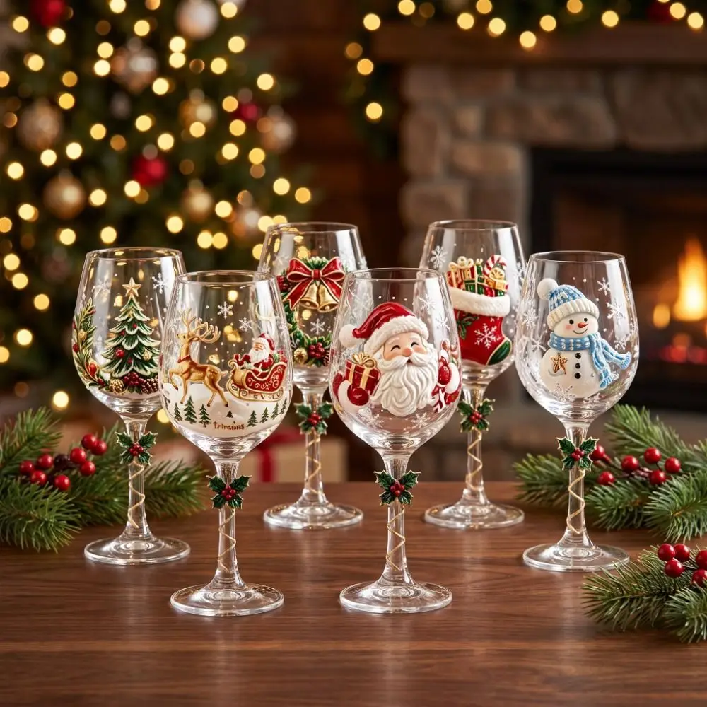 Decorative Santa Claus Christmas Wine Glass Snowman Transparent Glass Goblet Elk Funny Xmas Embossed Cup Christmas