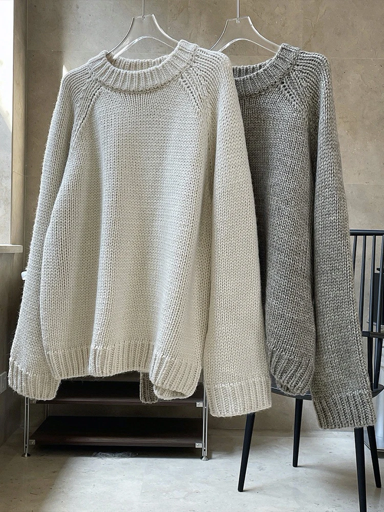 LANMREM Women Knitted Pullover Wool Blend Solid Color Loose Korean Style Female Fashion Thick Sweater 2024 Winter New 2WA141