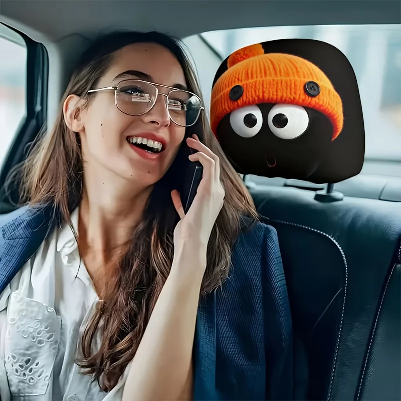 2 housses universelles pour appuie-tête de voiture, en polyester tricoté imprimé orange, décorations intérieures de voiture amusantes et comiques, cadeau pratique pour voiture