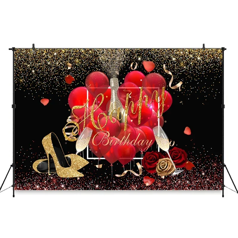 Mocsicka 誕生日パーティーの装飾ゴールデンハイヒール背景赤い風船ローズ写真撮影大人女性写真背景小道具