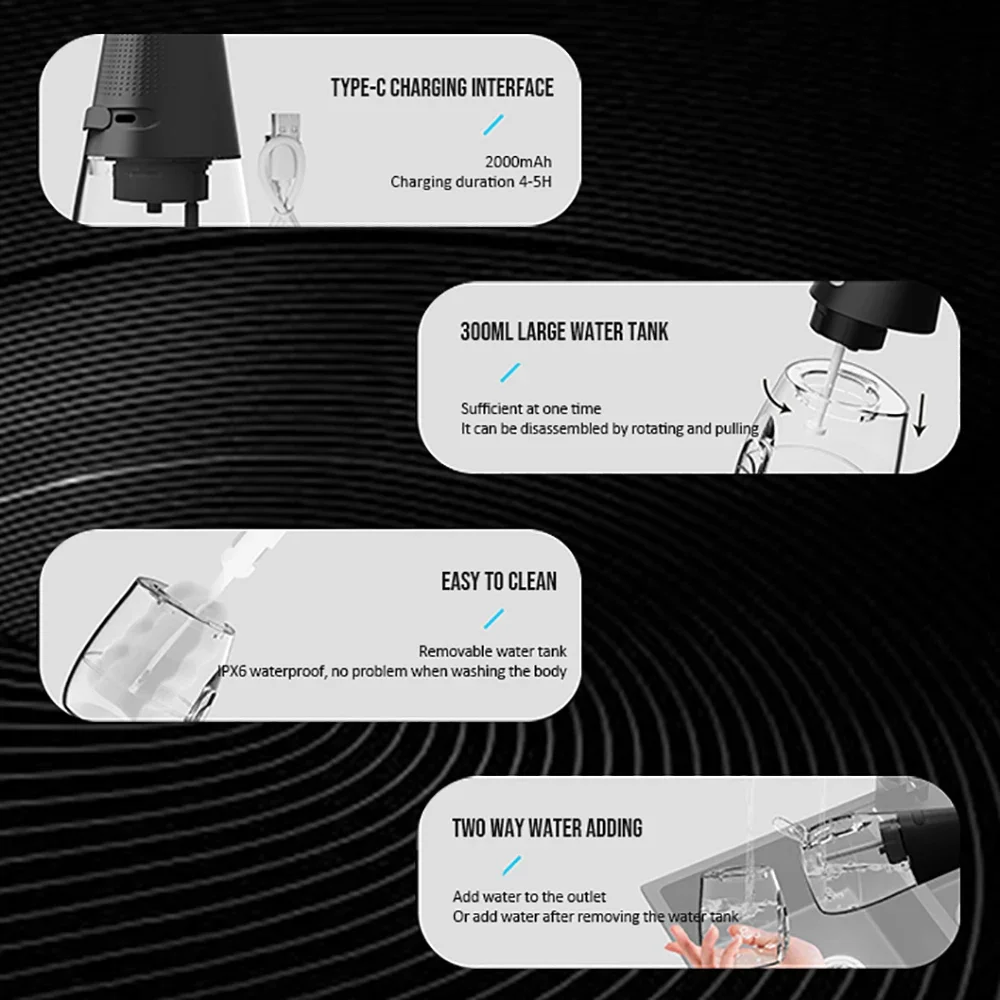 LISM-Irrigateur buccal dentaire, fil dentaire, cure-dents, machine à laver la bouche, 5 buses, 3 modes, aste par USB, 300ml, précieux