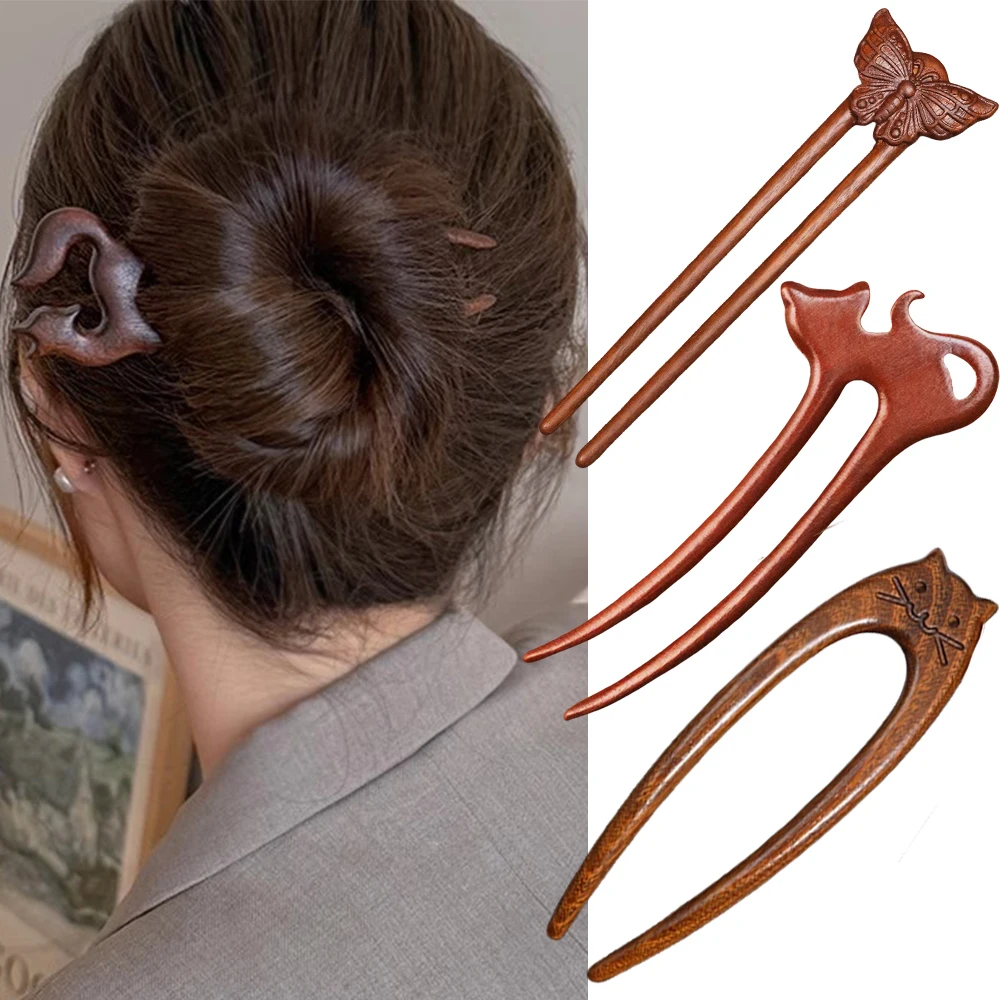 Pau de Cabelo de Madeira em Formato de U, Garfo de Cabelo, Estilo Chinês, com Motivos de Gato, Borboleta, Coelho, Acessório de Cabelo da Moda para Coques e Penteados Femininos