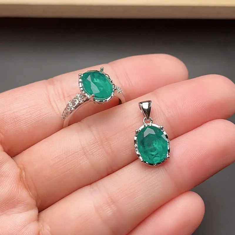 

Real 925 Silver Colombiam Emerald Color Gemstone Ring and Pendant 8mm*10mm Lab Created Green Crystal Jewelry