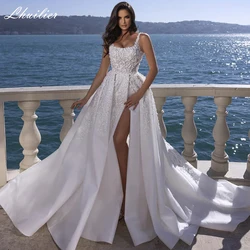 Lhuillier Customized A Line Square Neck Lace Appliques Wedding Dress Floor Length Sleeveless Beaded Bridal Dress with High Slit