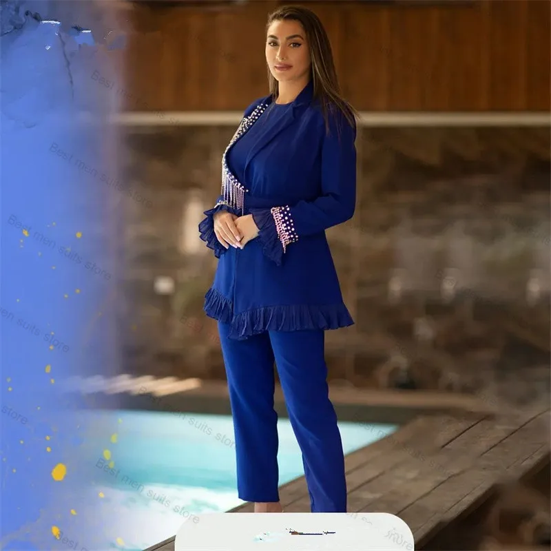 Royal Blue Kristal Wanita Set 2 buah Blazer + celana mewah manik-manik Formal kantor wanita pernikahan jaket mantel celana disesuaikan