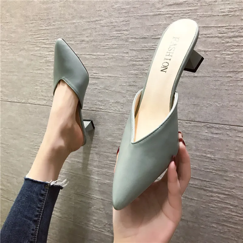 High Heel Pumps Slippers Pointed Toe Woman Elegant Mules Shoes Dot Metal Outdoors Female Slides Casual Zapatillas Mujer Tacon