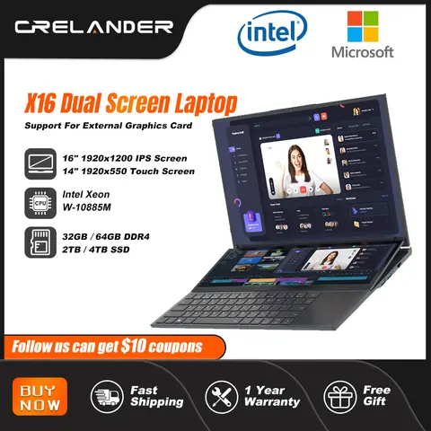 CRELANDER 듀얼 스크린 노트북 인텔 10세대 윈도우 11 터치 스크린 게임용 노트북 PC 휴대용 노트북 컴퓨터