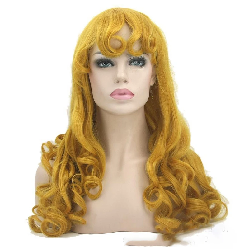 アニメ眠れる森の美女ヒロインウィッグオーロラプリンセスコスウィッグカバーステージロールプレイング女性服マッチイエローロングカーリーヘア
