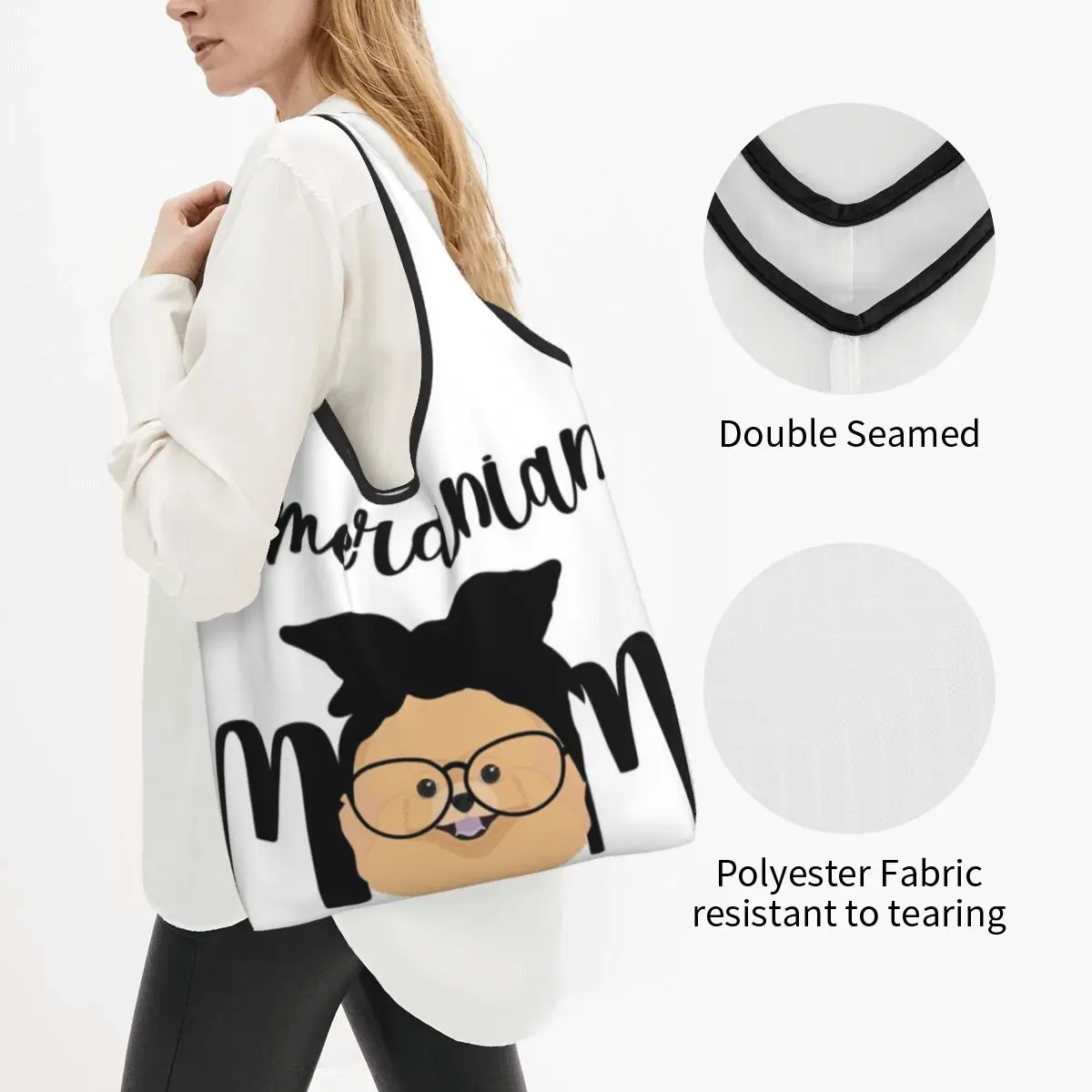 Pomeranian Mom Cute Cartoon Pomeranian Mama Portable Tote Shopping Bags big Capacity Shopper Bag Groceries Handbag Shoulder Bag