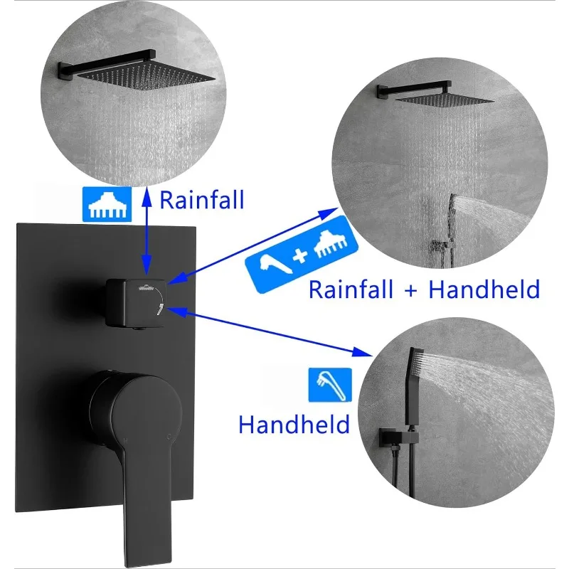 Sistema de ducha de lluvia de latón, juego combinado de grifo de ducha de baño, negro mate, incluye cuerpo de válvula integrada y decoración