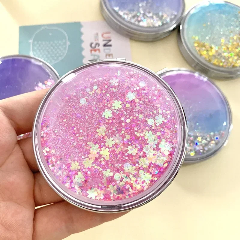 Double-Sided Folding Cosmetic Mirror Female Gifts With Flowing Sparkling Sand Mini Makeup Compact Pocket Mirrors