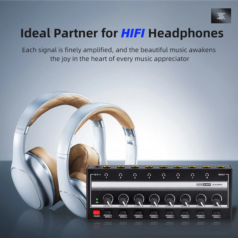 AMPLIFICADOR DE Audio ultracompacto HA800S, Mini amplificador de auriculares estéreo de 8 canales con adaptador de corriente, 9 Uds., convertidor de 6,5 y 3,5mm
