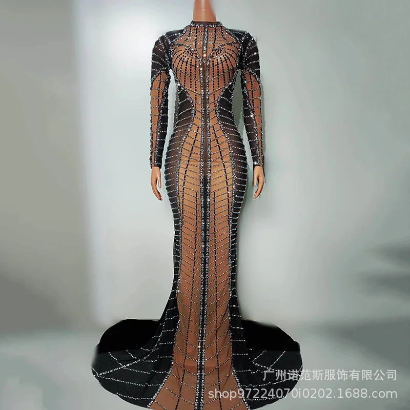 Fashion Diamond Chain High-end Fishtail Evening Dress Black Trendy Clothes Catwalk Performance Clothes High-end Female Singers