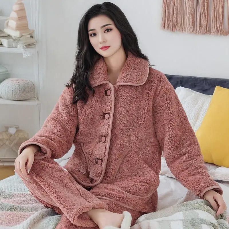 

Thickened Female Pajamas Homewear Coral Fleece Spring Autumn Winter Women's Plush Warm Thermal Set Flannel Sleepcoat Outerwear