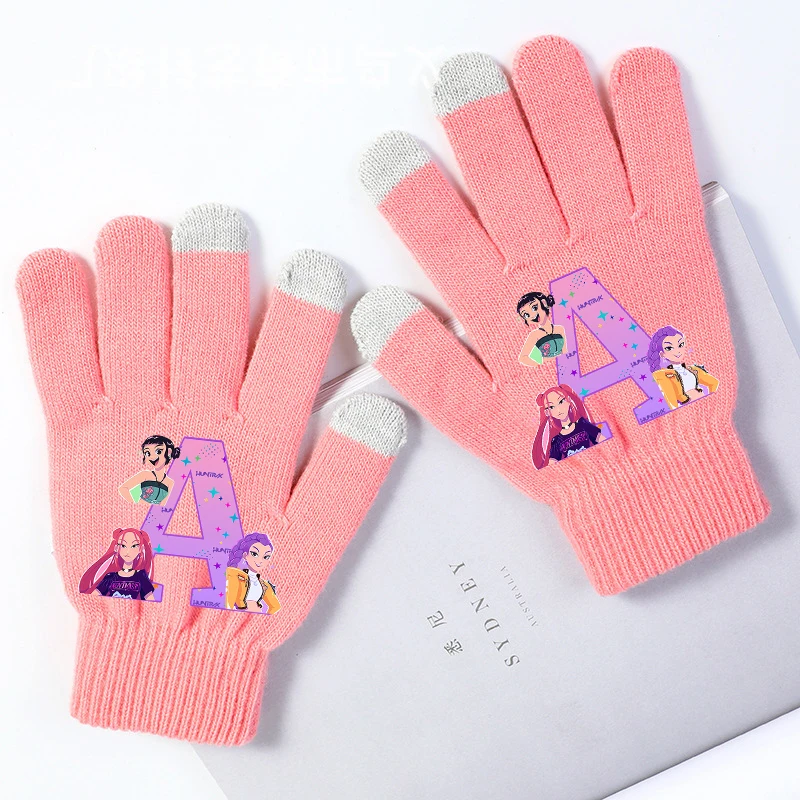 Kpop Demon Hunters Modische Strickhandschuhe für 5–15 Jahre alt, Cartoon-Buchstaben bedruckte Fäustlinge, Winter, winddicht, warme Handschuhe, Geschenke