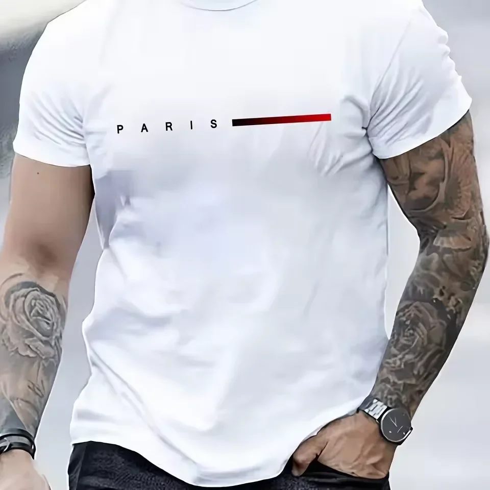 Herren 100% Baumwolle Sommer Locker Geschnittenes PARIS Kreatives Buchstabendruck Casual Slim Fit Rundhals Kurzarm T-Shirt Top – Detail 2