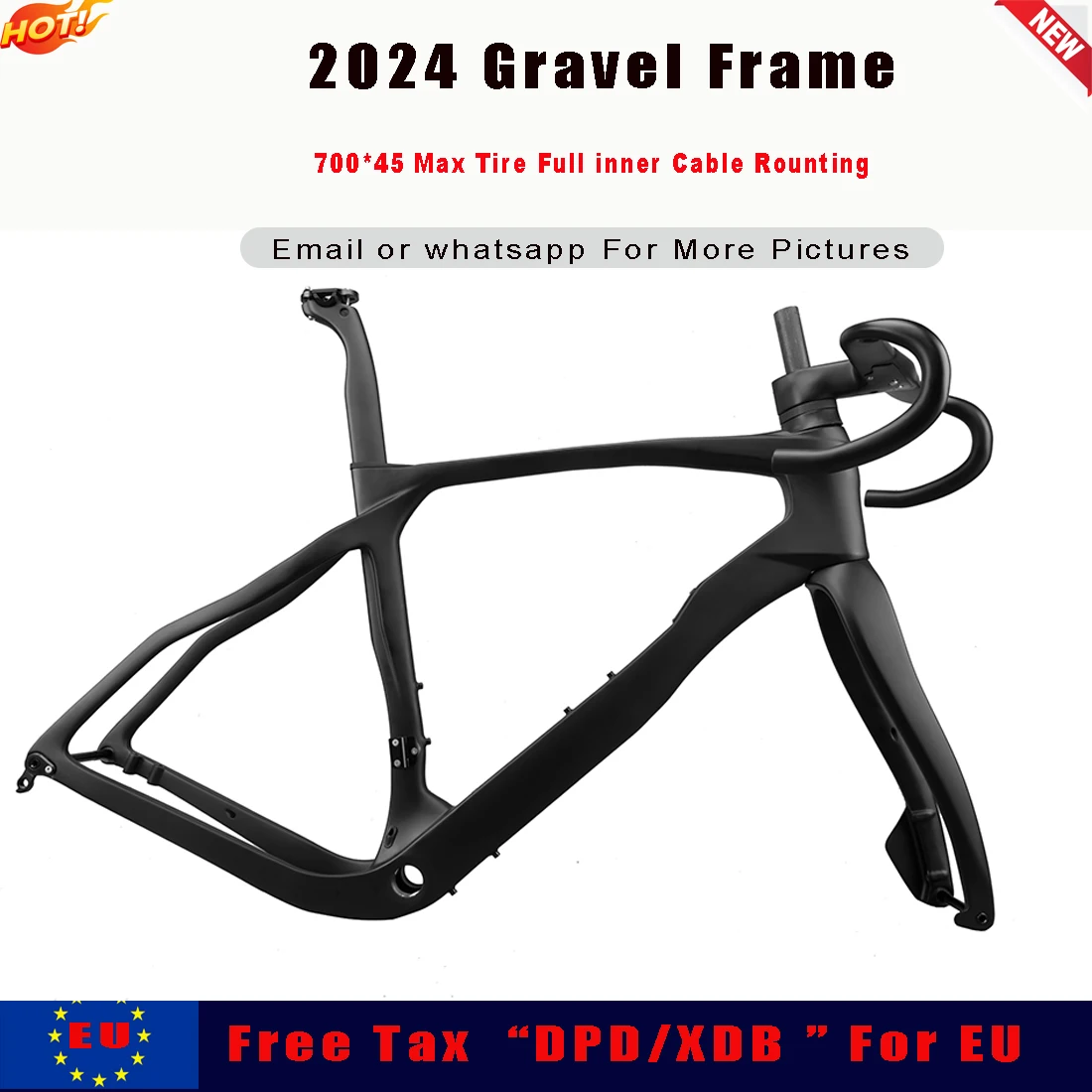 Marco de bicicleta de grava de carbono redondeado, Cable interno completo 2024, 700x45C, cuadro de bicicleta de grava para ciclismo todoterreno de alta resistencia DPD