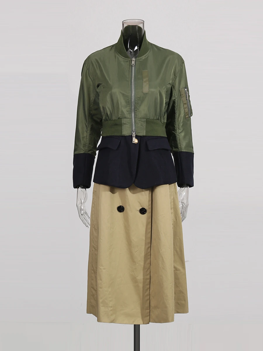 TWOTWINSTYLE Hit Color Spliced Buttons Windbreakers For Women High Waist Long Sleeve Patchwork Zipper Chic Trench Female Fashion