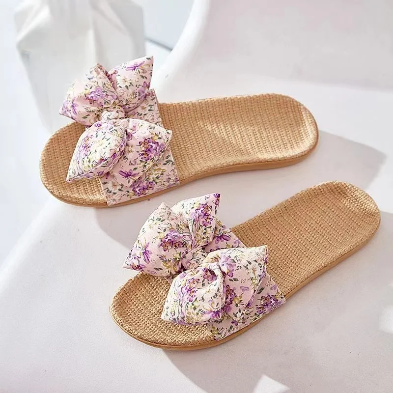 

Summer New Woman's Bow Flat Sole Linen Slippers Soft Sole Non Slip Anti Odor Home Slippers Silent Wooden Floor Slippers