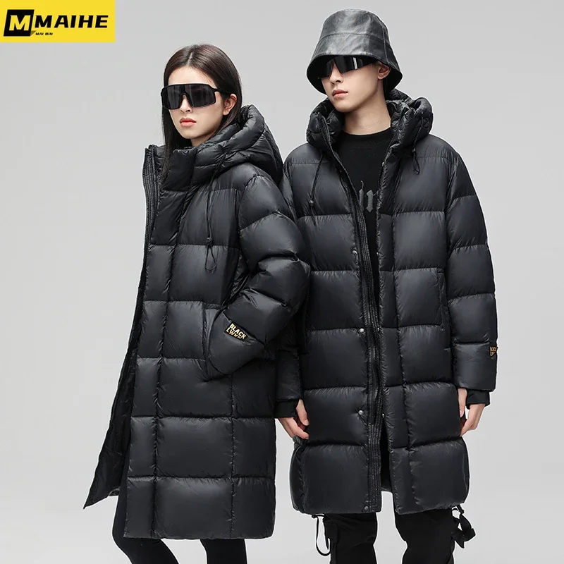 

Couples winter long black gold down jacket men and women's new 2023 trend youth 90% white duck down coat outdoor sports ski wear