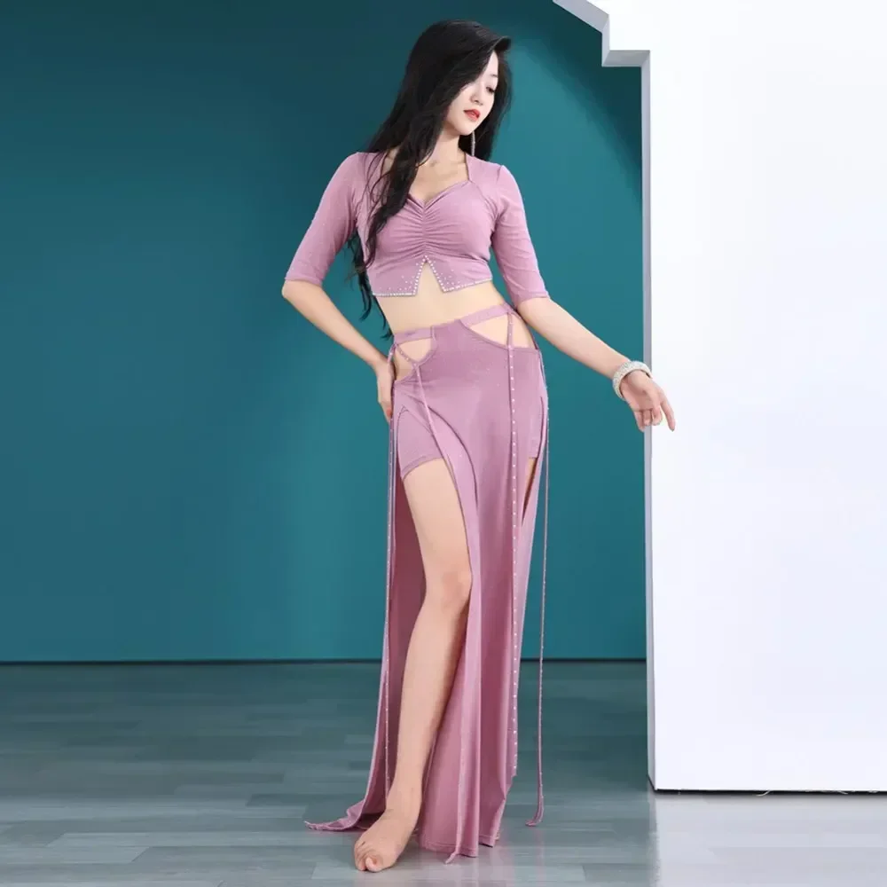 Women Belly Dance Costume Set Oriental Practice Wear Professional Bellydance Top Solid Color Split Long Skirt Set Outfit Clothes