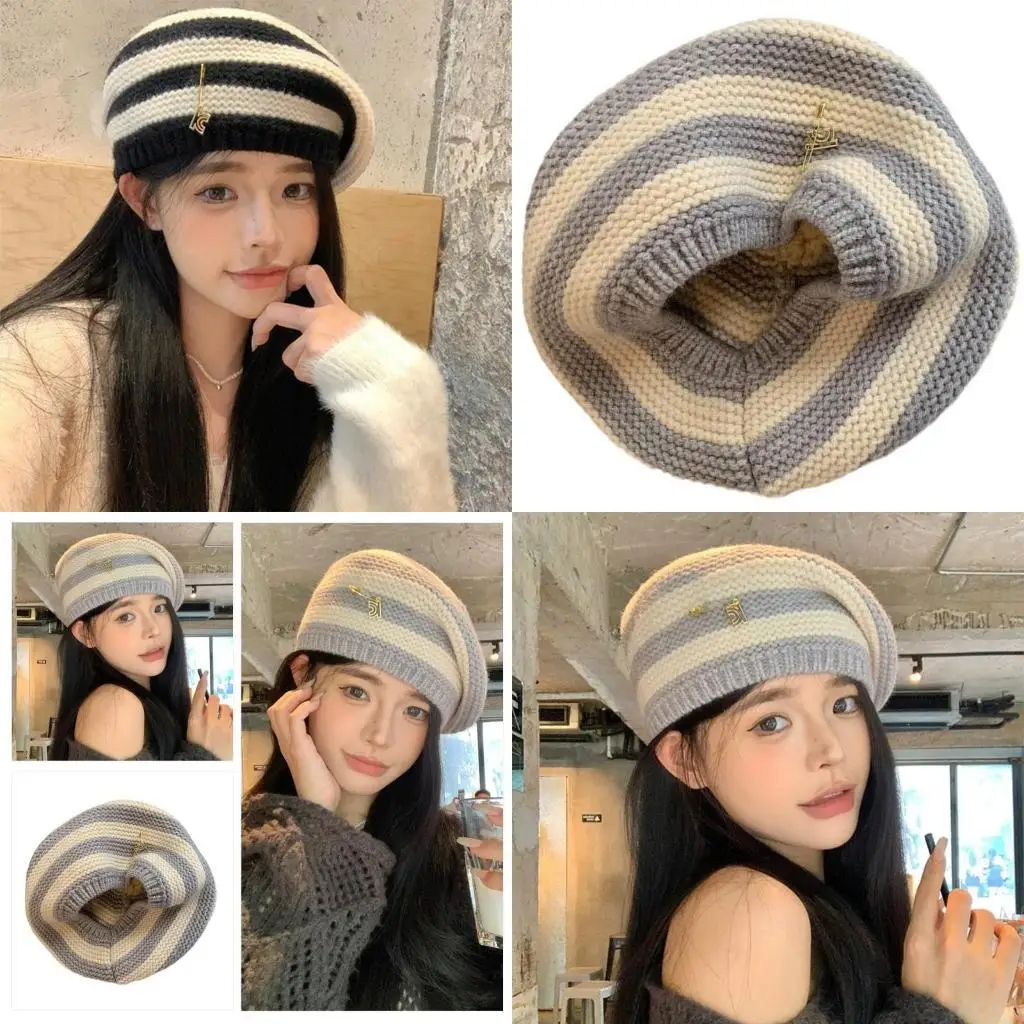 

39BD Stripe Pattern Hat British Girl Sweet Styles Hat Casual Sport Unique Hat for Fashion Consciousness
