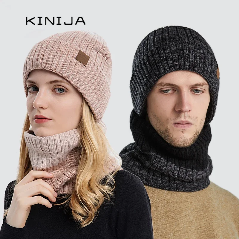 Winter Beanies Unisex Ski Cap Scarf Set Cycling Neck Warm Knitted Hat for Men Women Thick Wool Skullies Cap  Skullies Beanies